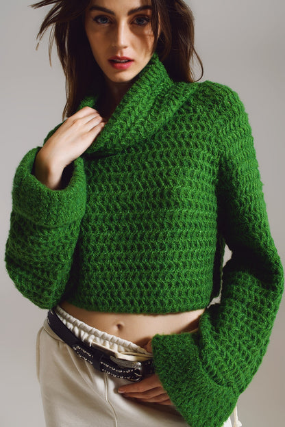 Q2 Camisola de Tricô Waffle com Gola Alta e Punhos Dobrados em Verde