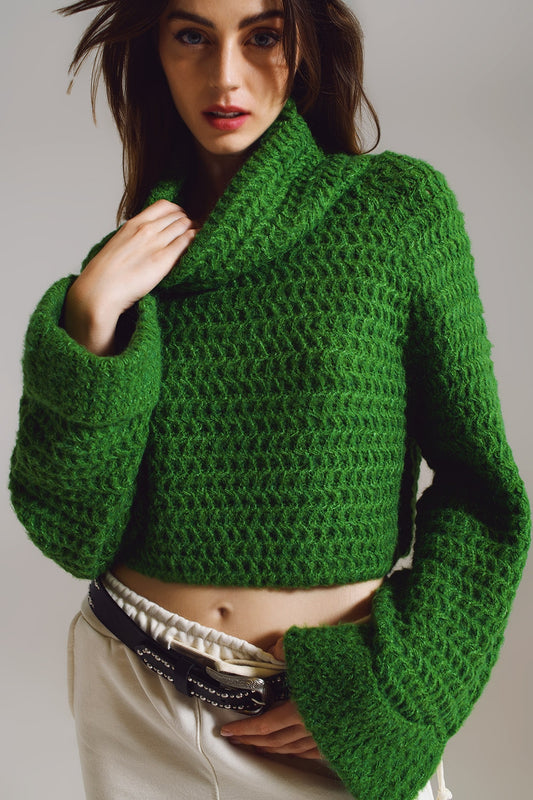 Q2 Camisola de Tricô Waffle com Gola Alta e Punhos Dobrados em Verde