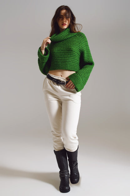 Camisola de Tricô Waffle com Gola Alta e Punhos Dobrados em Verde