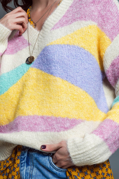 Camisola descontraída com decote em V Bege e riscos abstratos em tons pastel