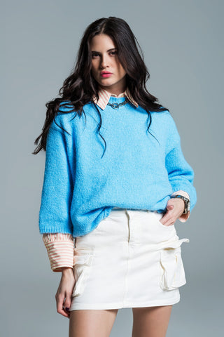 Camisola descontraída com manga francesa e gola redonda em azul