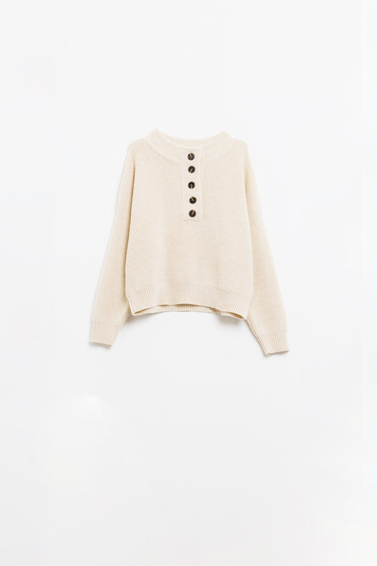 Q2 Camisola descontraída com meio botão em creme