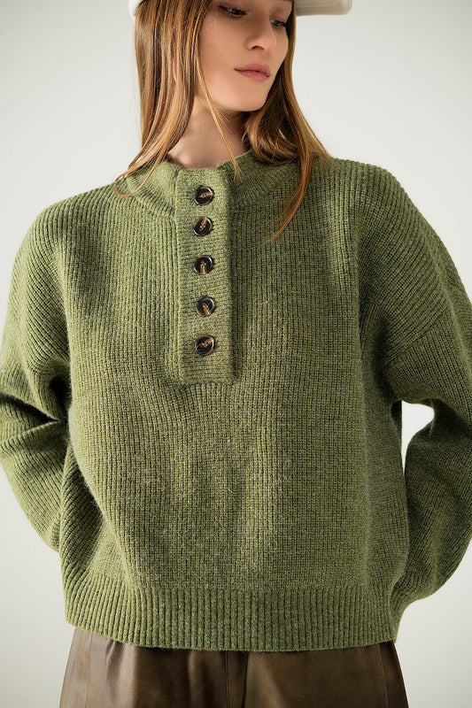 Q2 Camisola descontraída com meio botão em verde