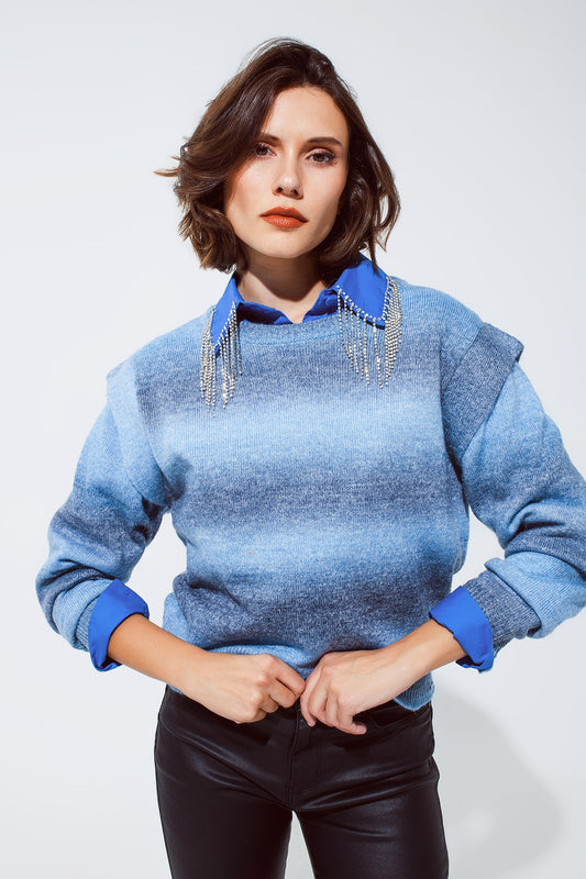 Q2 Camisola em azul com design ombre gola redonda e porm
