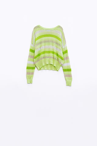Camisola multicolorida clara de manga comprida com gola de barco