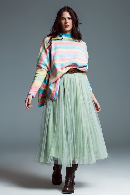 Camisola multicolorida de gola alta com fendas laterais
