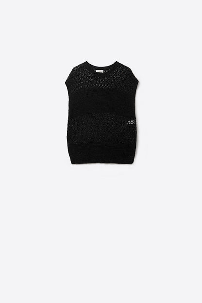 Q2 Camisola preta com malha aberta macia e mangas caídas