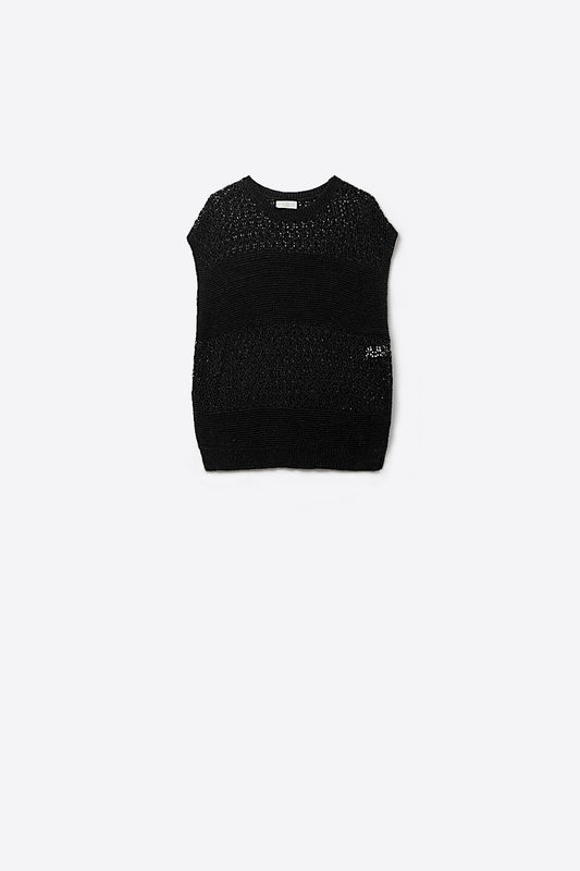 Q2 Camisola preta com malha aberta macia e mangas caídas