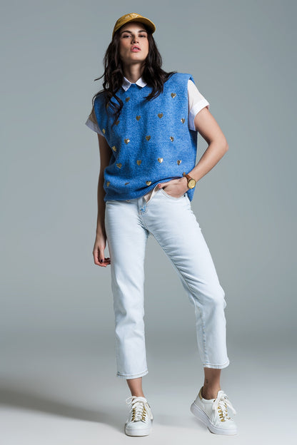 Camisola sem mangas em azul com corações de lantejoulas prateadas