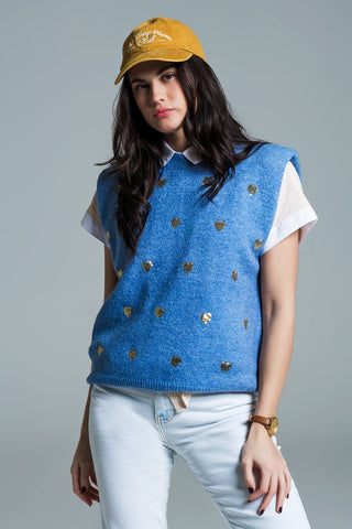 Camisola sem mangas em azul com corações de lantejoulas prateadas