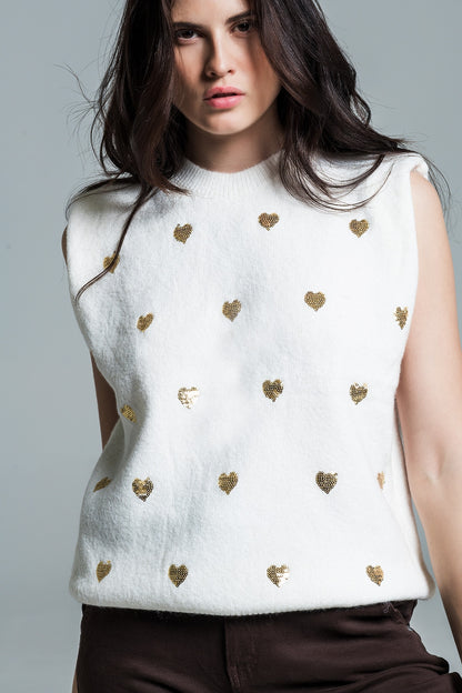 Camisola sem mangas em branco com corações de lantejoulas prateadas