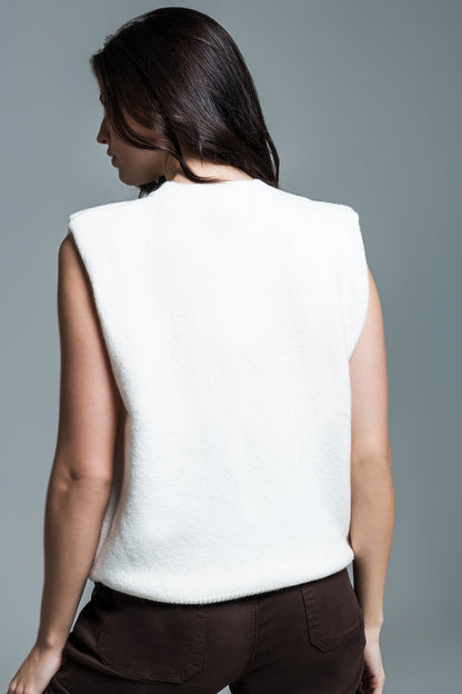 Camisola sem mangas em branco com corações de lantejoulas prateadas
