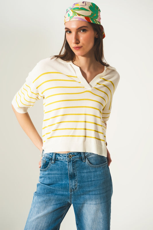 Q2 Camisola verde com pescoço de polo listrado modelo Vintage 70s