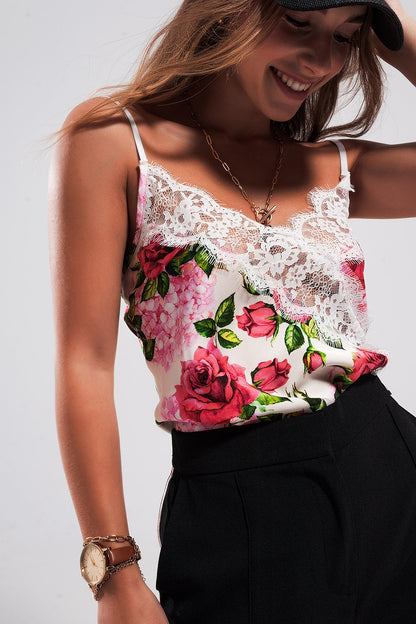 Camisole de cetim com corte em renda e impressão em rosas