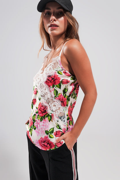 Camisole de cetim com corte em renda e impressão em rosas