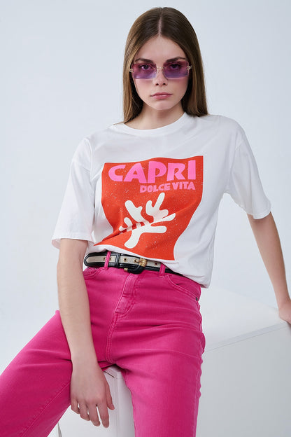 Q2 Capri La Dolce Vita T-shirt branca com estampado gráfi