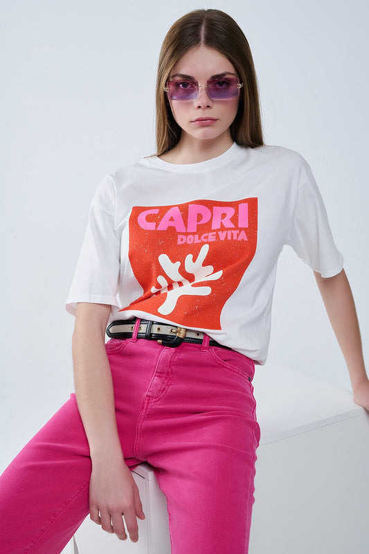 Q2 Capri La Dolce Vita T-shirt branca com estampado gráfi