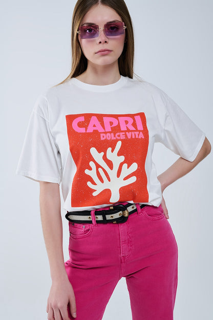 Capri La Dolce Vita T-shirt branca com estampado gráfico