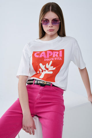 Capri La Dolce Vita T-shirt branca com estampado gráfico