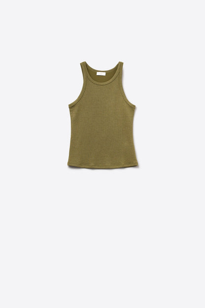Cáqui T-shirt justa tipo nadador com decote redondo e alças