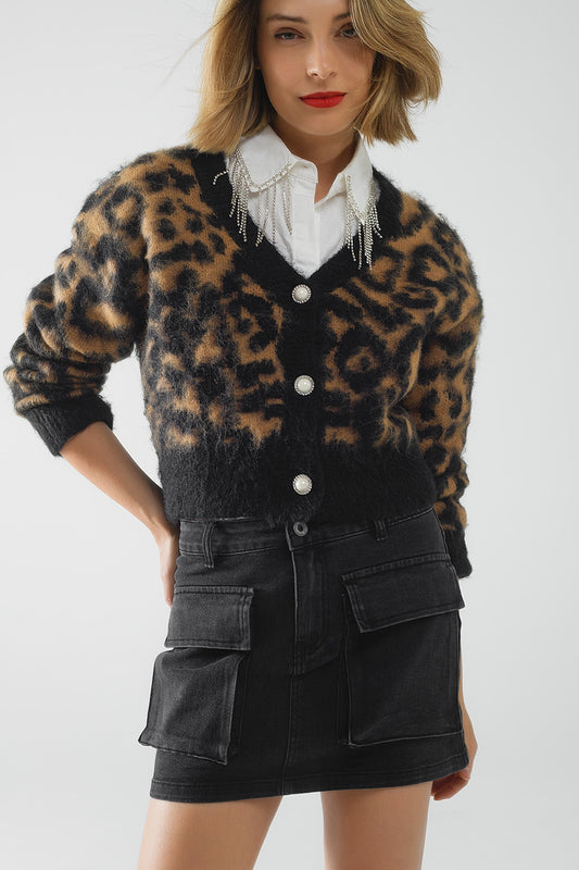 Q2 Cardigan estampado de leopardo em malha com lã na cor Camel