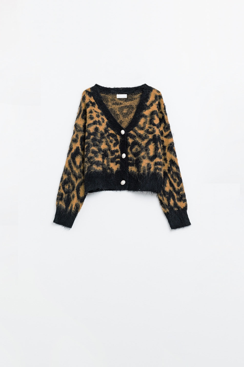 Cardigan estampado de leopardo em malha com lã na cor Camel