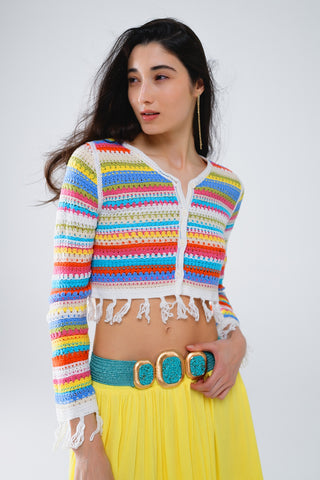 Casaco de crochê com riscas multicoloridas