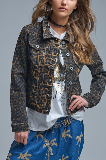 Casaco de ganga com estampado de leopardo em tecido de ganga