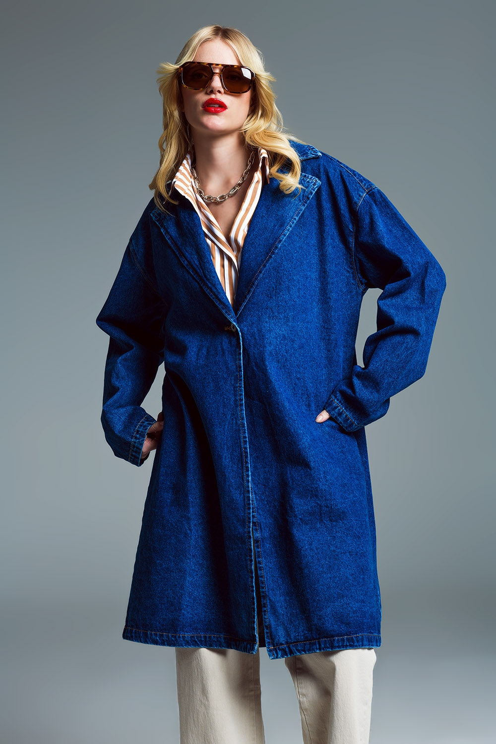 Casaco de ganga oversized com gola larga em lavagem média