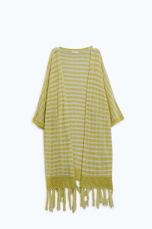 Q2 Casaco de malha amarelo estilo Boho com riscas de malha Pointelle e pormenores de franjas