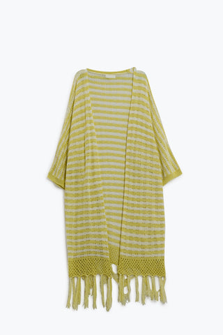 Casaco de malha amarelo estilo Boho com riscas de malha Pointelle e detalhes de franjas