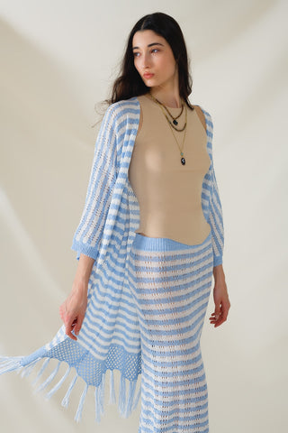 Casaco de malha azul estilo Boho com riscas de malha Pointelle e detalhes de franjas