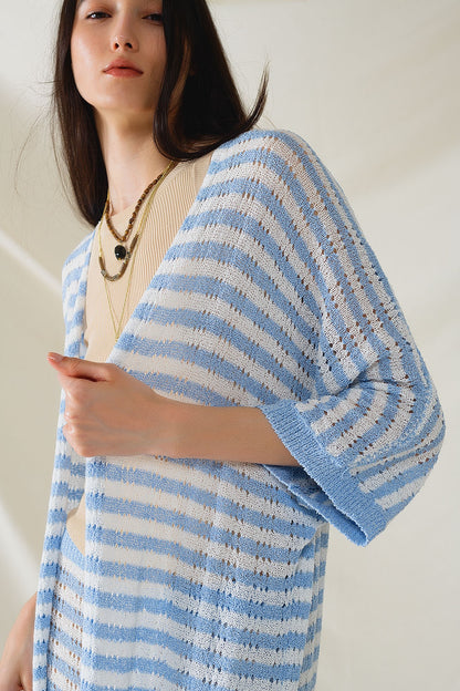 Casaco de malha azul estilo Boho com riscas de malha Pointelle e detalhes de franjas