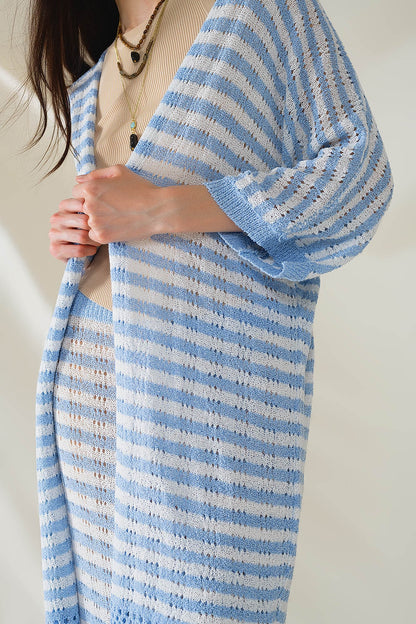 Casaco de malha azul estilo Boho com riscas de malha Pointelle e detalhes de franjas