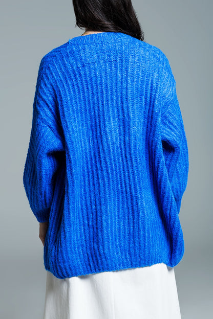 Casaco de malha canelada volumosa com manga 3/4 em azul real