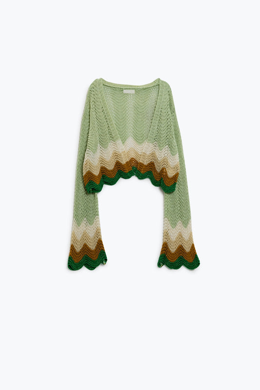 Q2 Casaco de malha curto com mangas de anjo e pormenor ondulado multicolor em verde