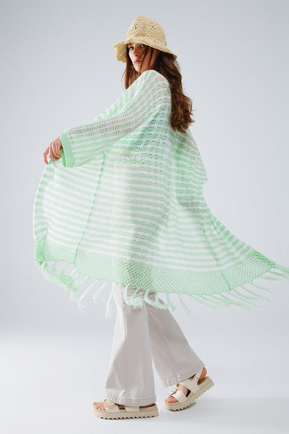 Q2 Casaco de malha verde estilo Boho com riscas de malha Pointelle e pormenores de franjas