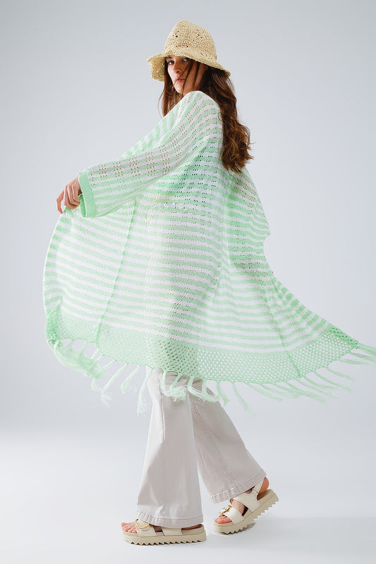 Q2 Casaco de malha verde estilo Boho com riscas de malha Pointelle e pormenores de franjas