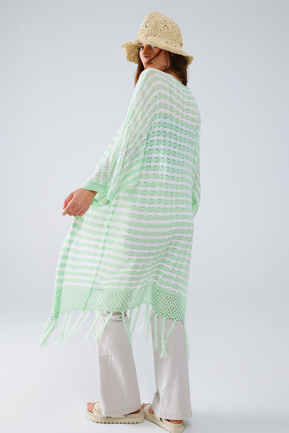 Casaco de malha verde estilo Boho com riscas de malha Pointelle e detalhes de franjas