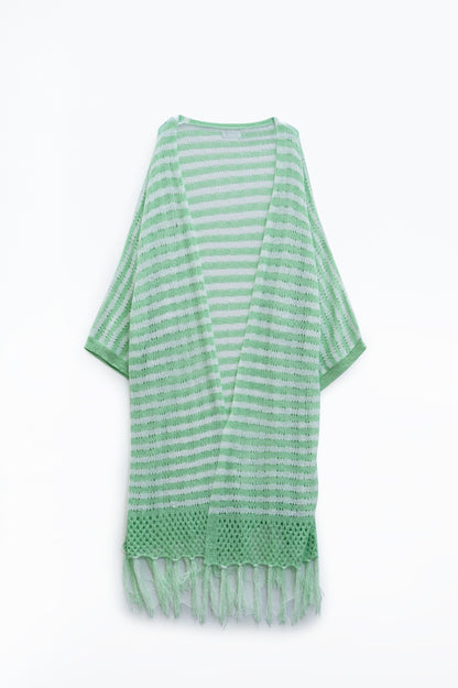 Casaco de malha verde estilo Boho com riscas de malha Pointelle e detalhes de franjas