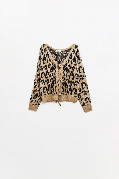 Casaco de manga comprida com estampado de leopardo e detalhes de laços