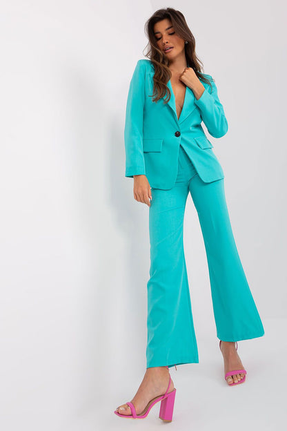Italy Moda turquoise casual elegant blazer for women worn with matching trousers and pink heels