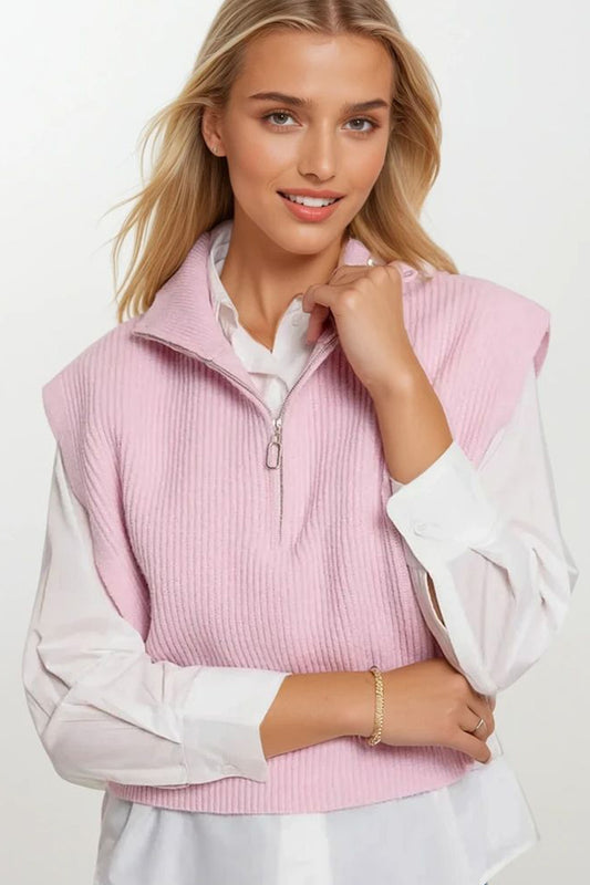 Q2 Colete de Malha com Gola Alta em Meia-Zip e Grandes Cavas em rosa