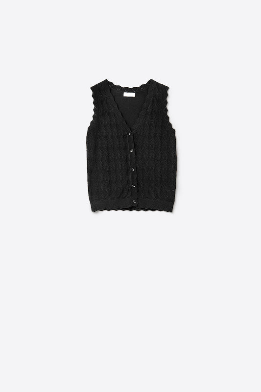 Q2 Colete de Malha Pointelle com Bordas Onduladas em Preto