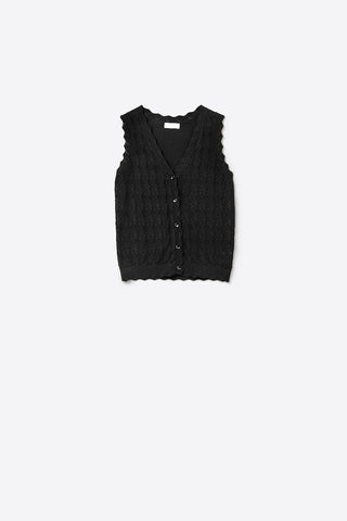 Colete de Malha Pointelle com Bordas Onduladas em Preto