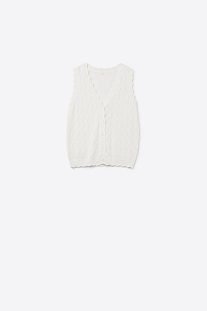 Q2 Colete Tricotado Pointelle com Bordas Onduladas em Branco