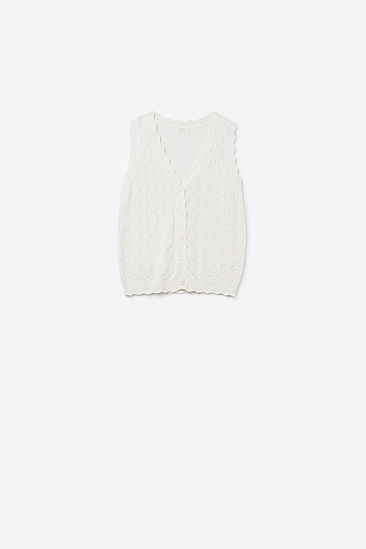 Q2 Colete Tricotado Pointelle com Bordas Onduladas em Branco