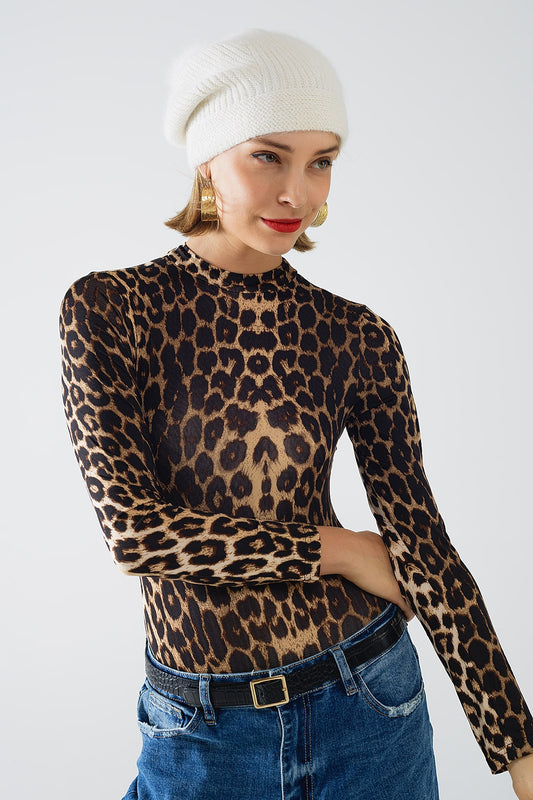 Q2 Corpo em spandex com estampado de leopardo e manga comprida