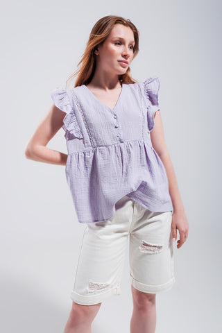 Cotton tank top with ruffle sleeves in lilac