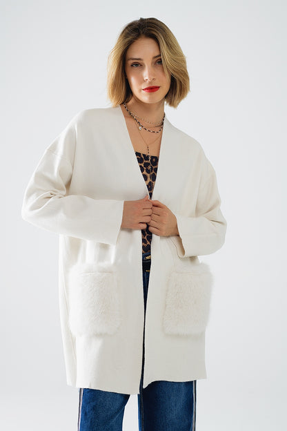 creme Cardigan longo de malha de alta qualidade com bolsos de pele